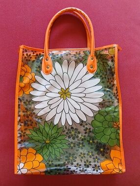 Vintage 60s/70s Orange Floral Clear Vinyl Tote Bag with Orange Trim